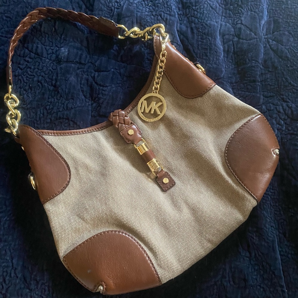 Micheal Kors brown braided leather and canvas shoulder bag purse